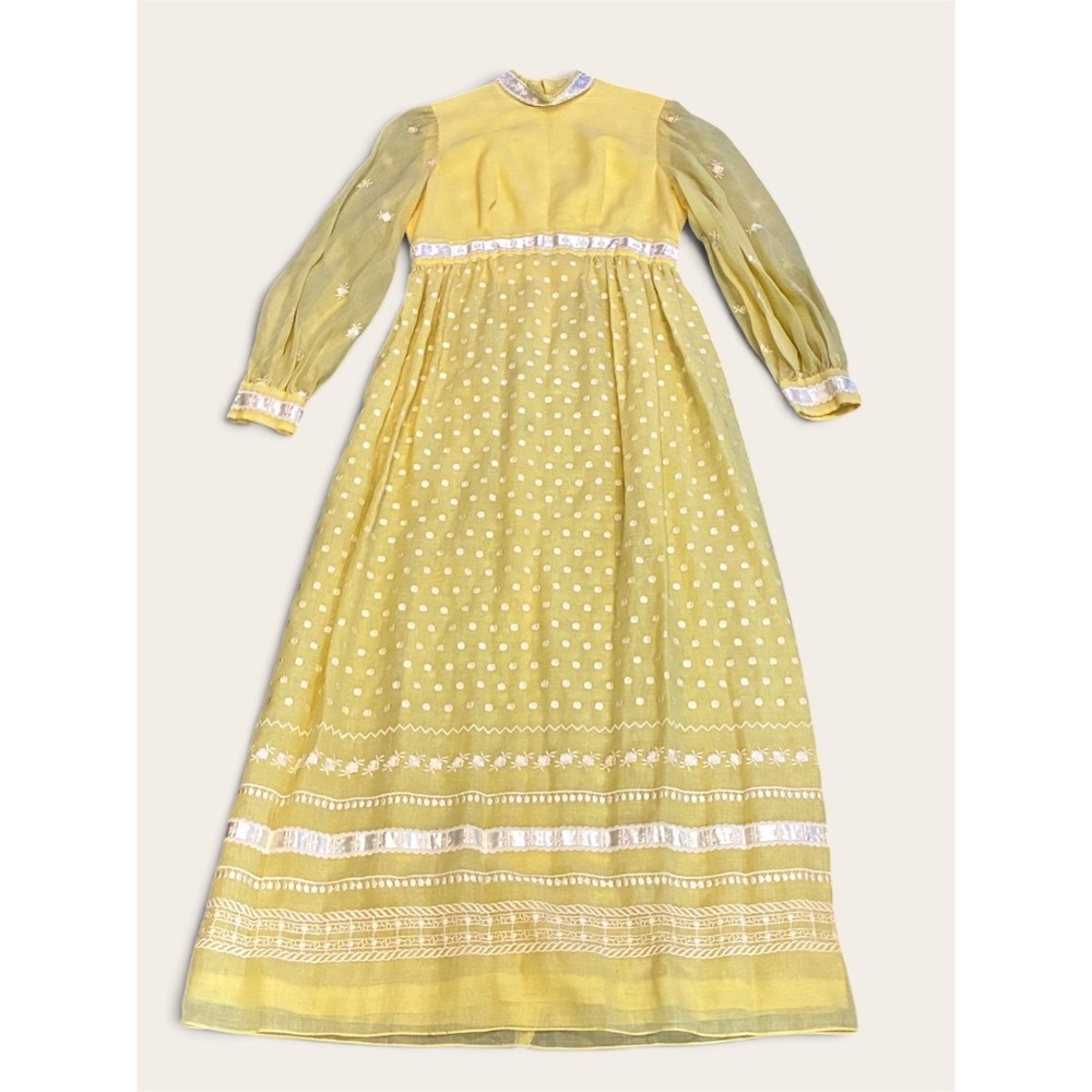 Vintage Sandine Originals Maxi Dress Yellow Prairie Swiss Dot Lace Boho 13